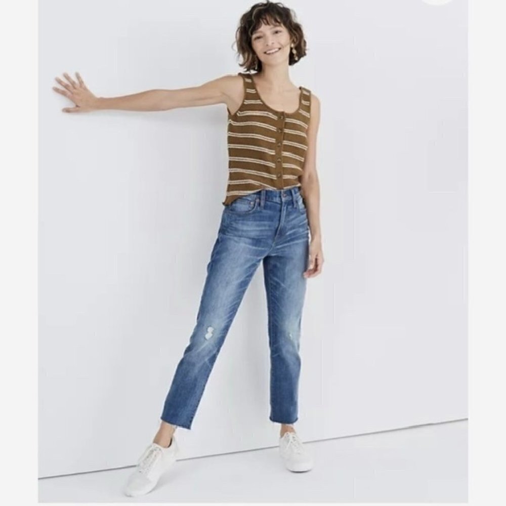 Madewell The High-Rise Slim Crop Boy jean Denim Sz 27 Raw Hem Distressed Dover